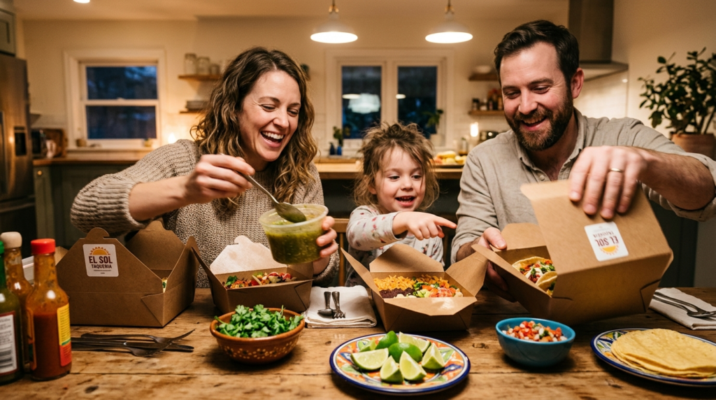 Close-up lifestyle shot of a young family unpacking Mexican 
