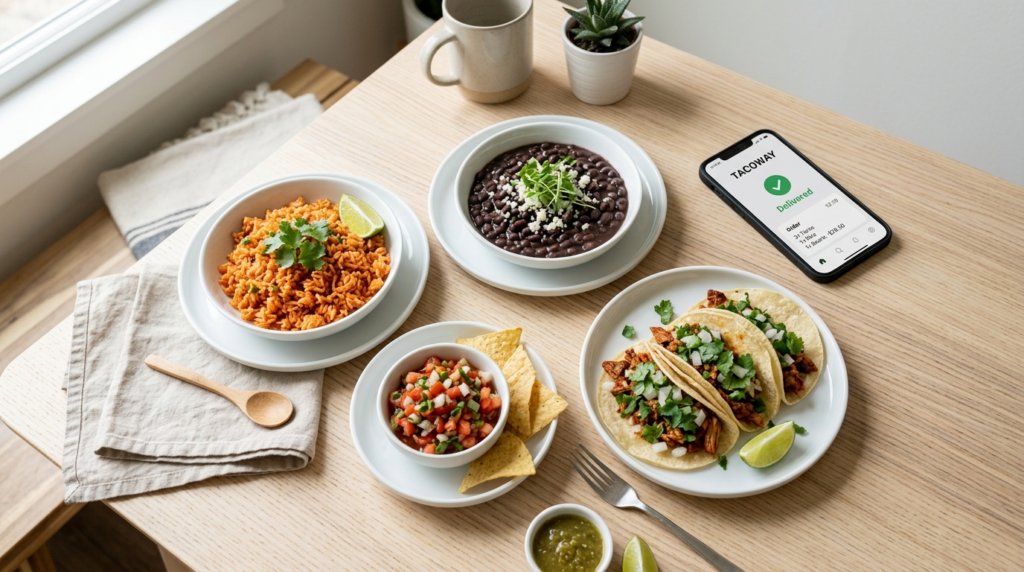 Flat lay overhead photography of Mexican takeaway meal compo